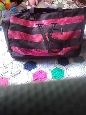 Victoria's Secret Black Tote with Pink Sequin Stripes
